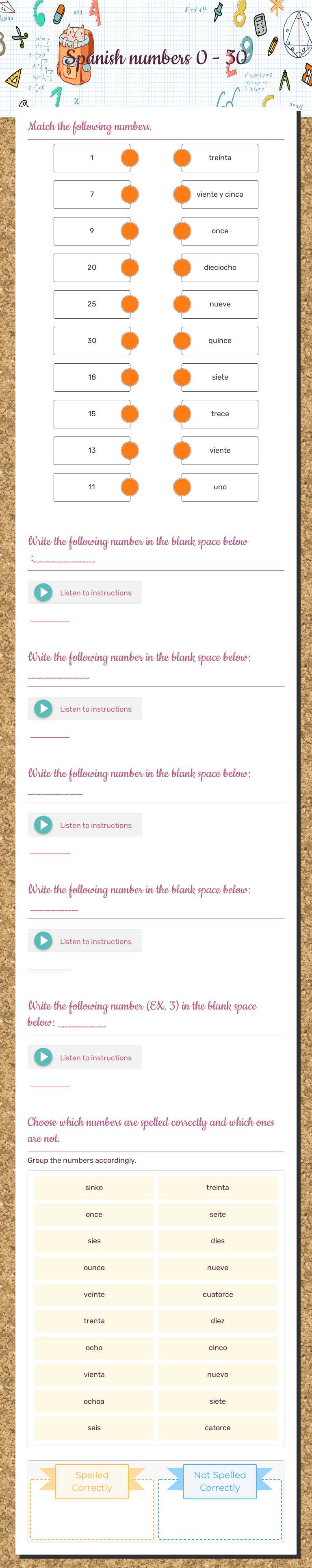 Spanish numbers 0 - 30 worksheet preview image