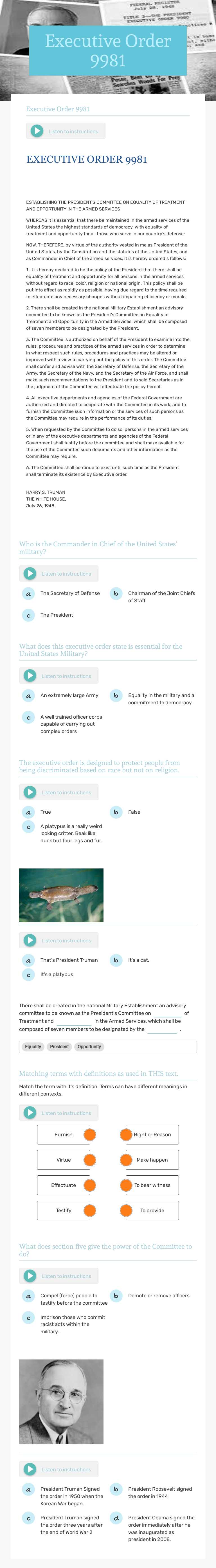 Executive Order 9981 worksheet preview image