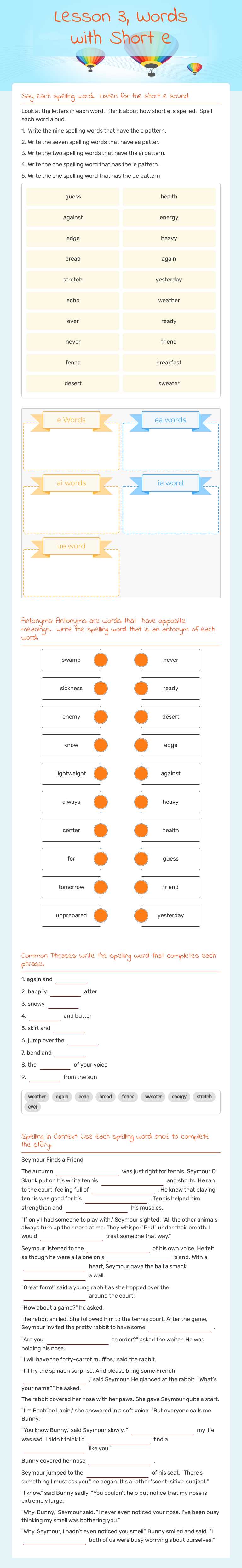 Lesson 3, Words with Short e worksheet preview image