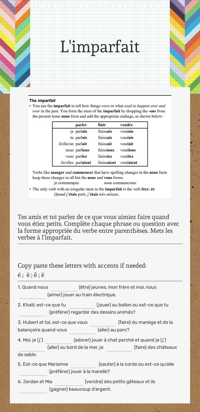 L'imparfait worksheet preview image