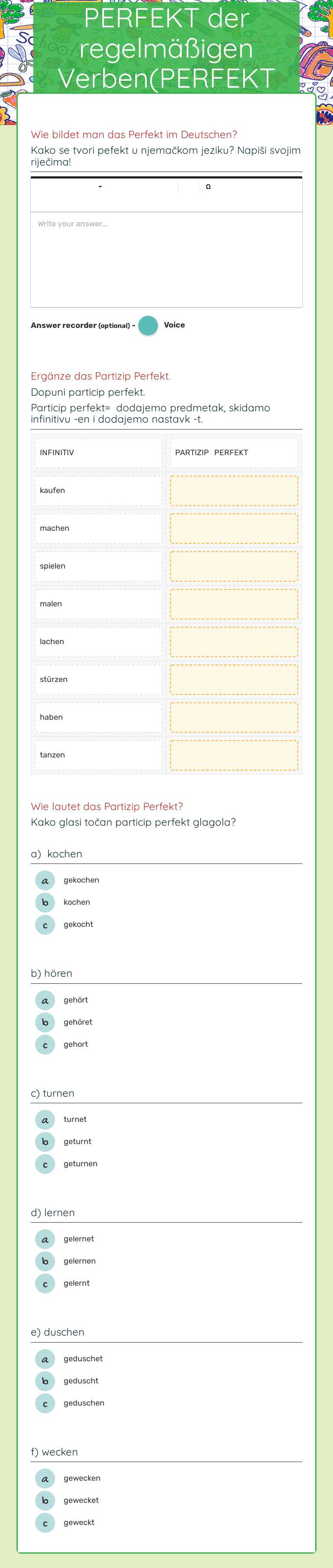 PERFEKT der regelmäßigen Verben(PERFEKT pravilnih glagola) worksheet preview image