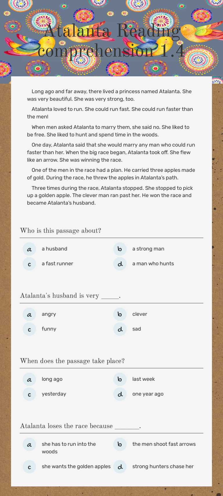 Atalanta                Reading comprehension 1.4 worksheet preview image