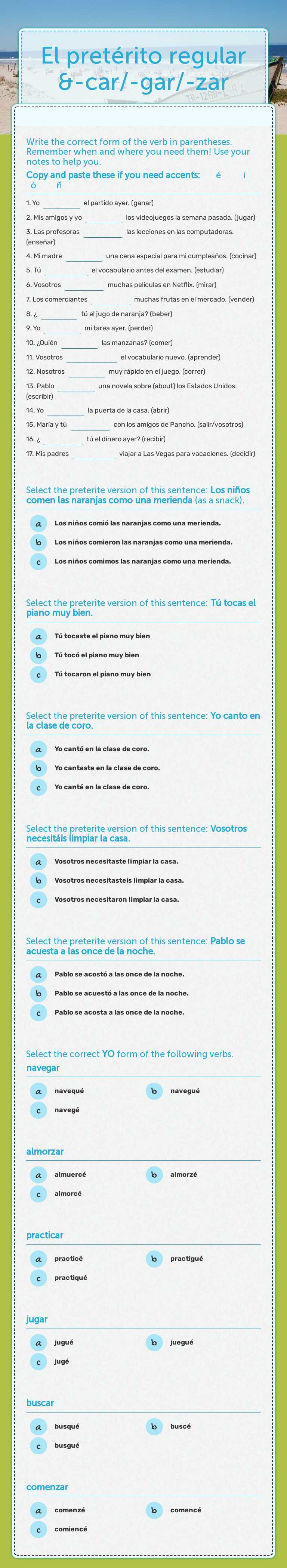 El pretérito regular   &-car/-gar/-zar worksheet preview image