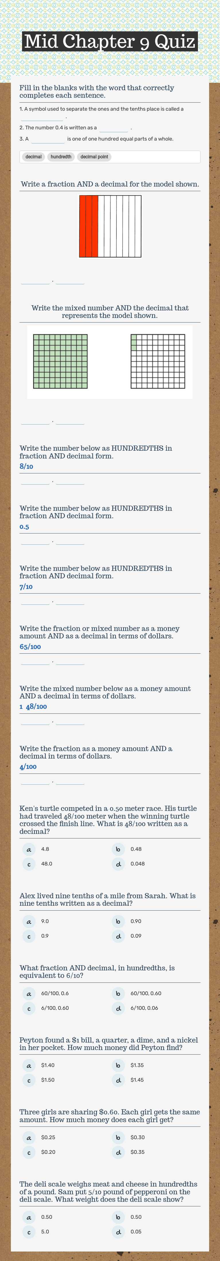 Mid Chapter 9 Quiz Grade 4 worksheet preview