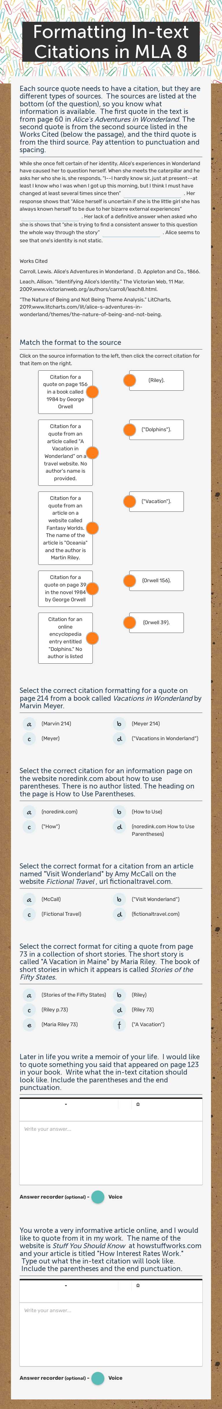Formatting In-text Citations in MLA 8 worksheet preview image