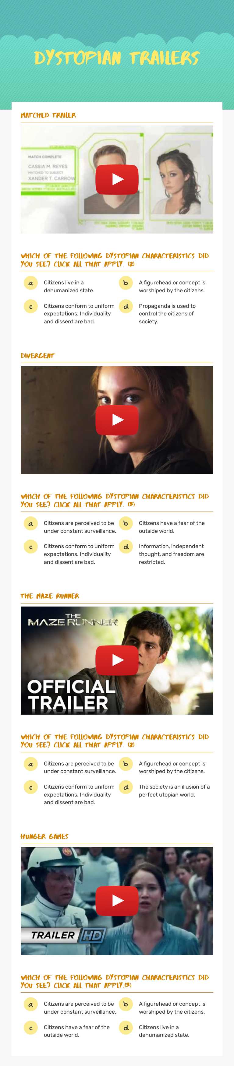 Dystopian Trailers Grade 8 worksheet preview