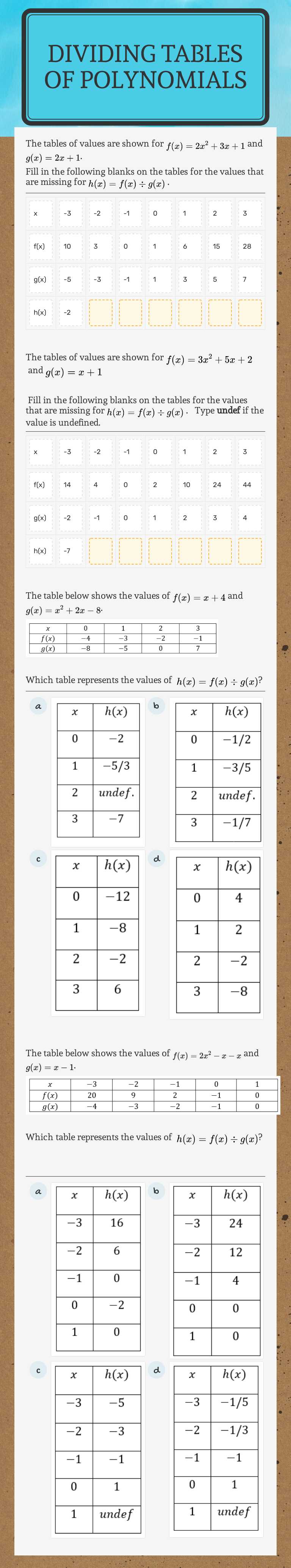 Dividing Tables of Polynomials Grade 10 worksheet preview