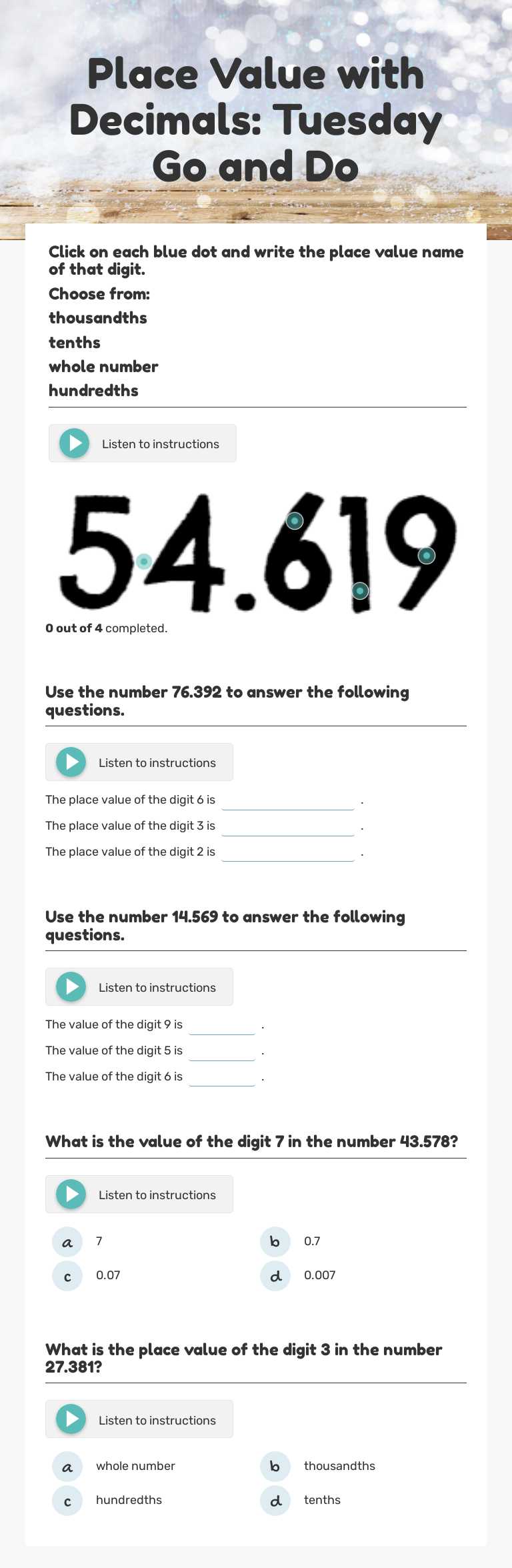 Place Value with Decimals: Tuesday Go and Do Grade 5 worksheet preview
