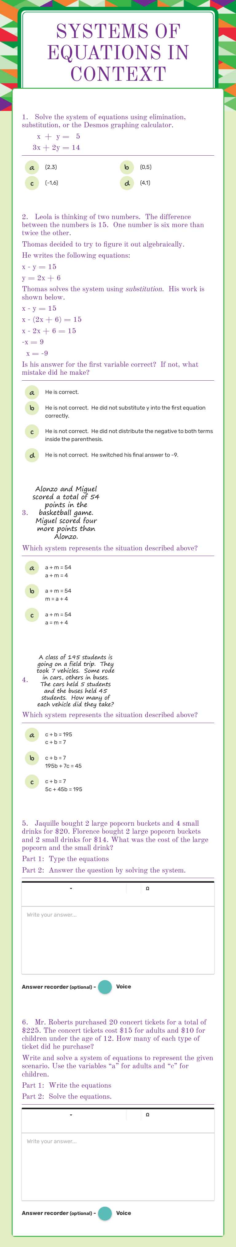 Systems of Equations in Context worksheet preview image