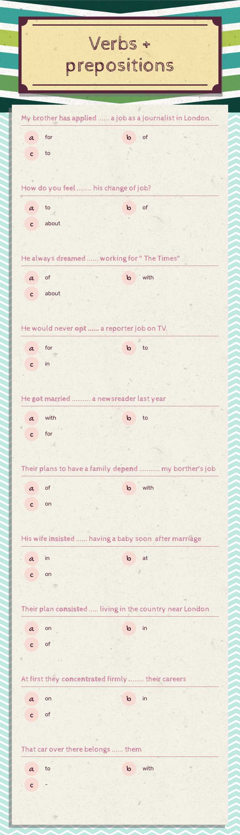 Verbs + prepositions Grade 10 worksheet preview