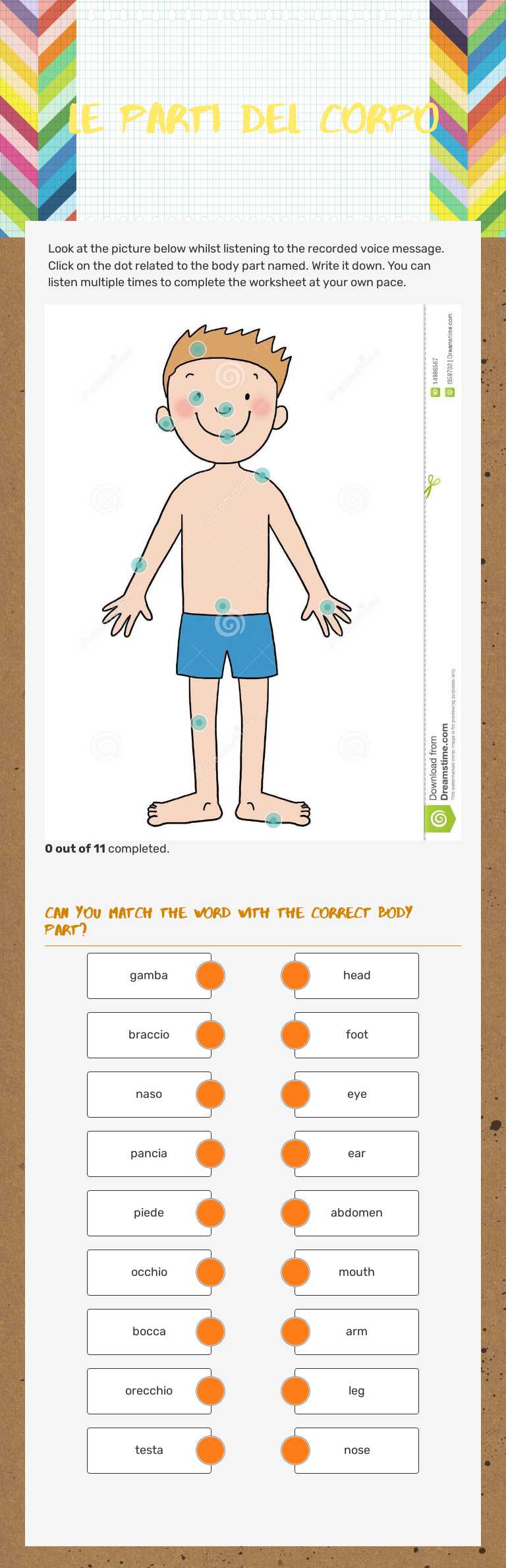 Le parti del corpo Grade 1 worksheet preview