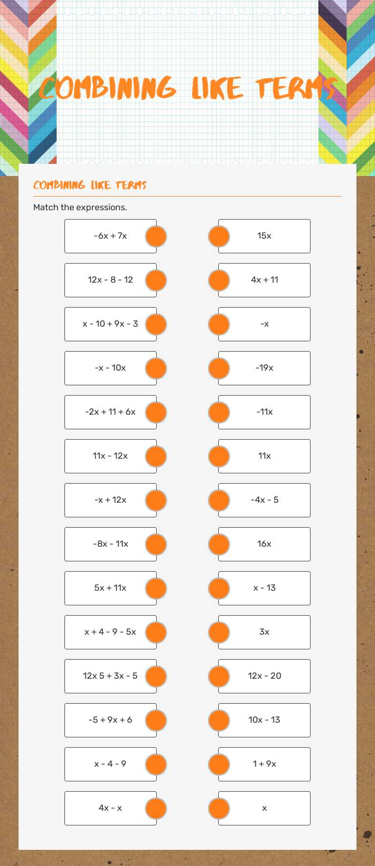 Combining Like Terms worksheet preview image