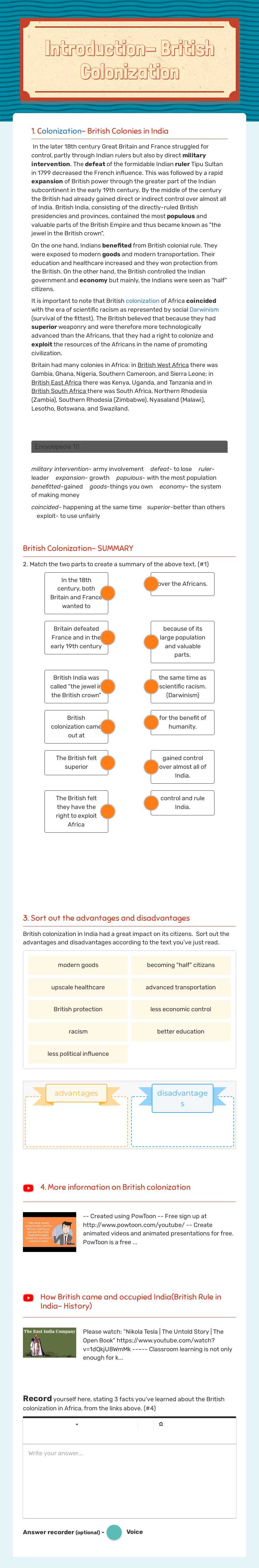 Introduction- British Colonization Grade 12 worksheet preview