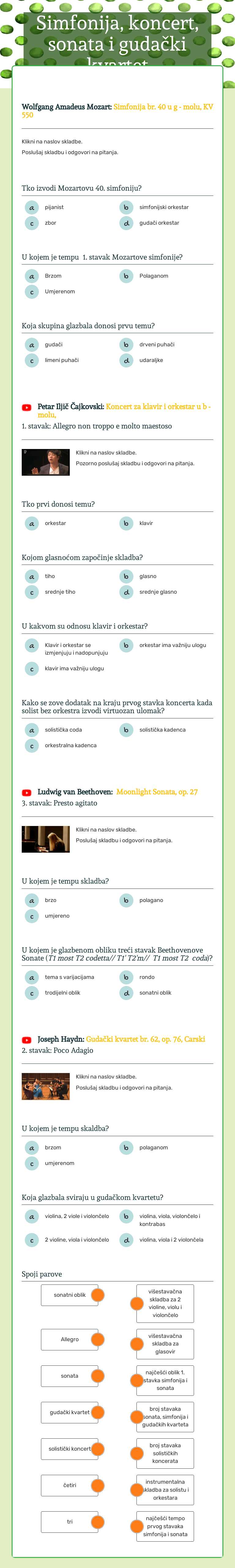 Simfonija, koncert, sonata i gudački kvartet worksheet preview image