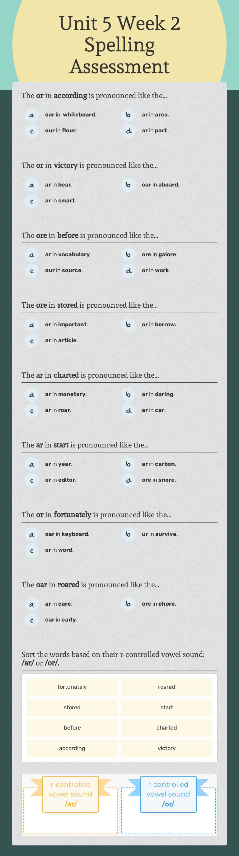 Unit 5 Week 2 Spelling Assessment Grade 4 worksheet preview