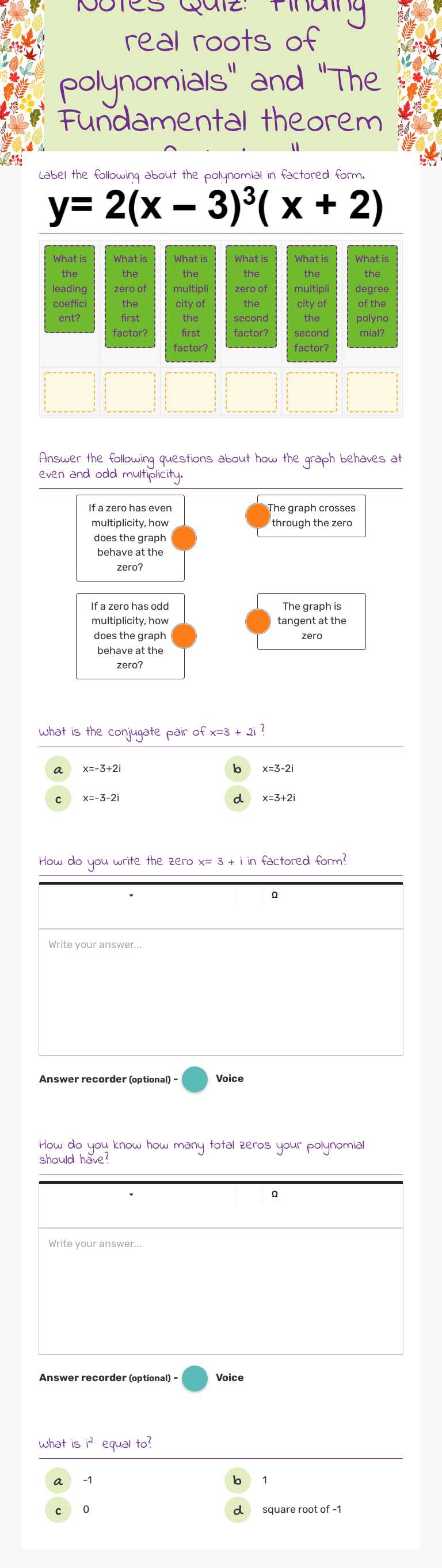 Notes Quiz: "Finding real roots of polynomials" and "The Fundamental theorem of algebra" worksheet preview image