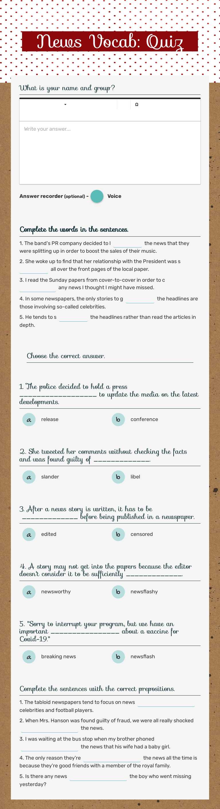News Vocab: Quiz Grade 11 worksheet preview