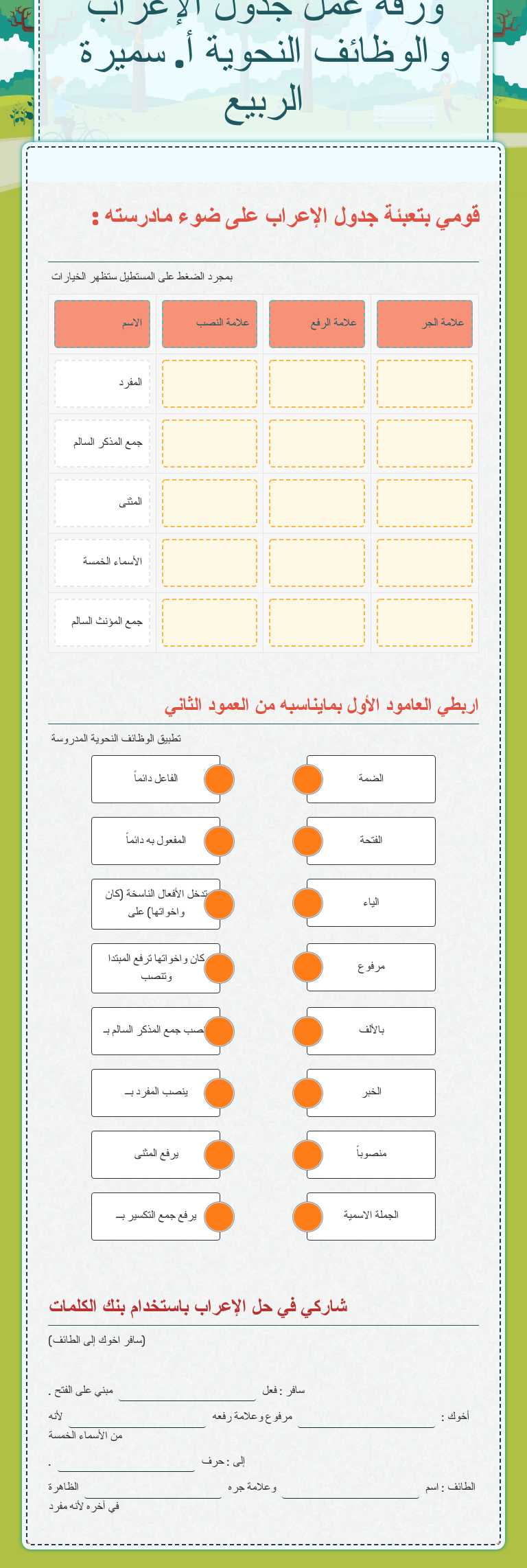ورقة عمل جدول الإعراب والوظائف النحوية   أ. سميرة الربيع Grade 6 worksheet preview