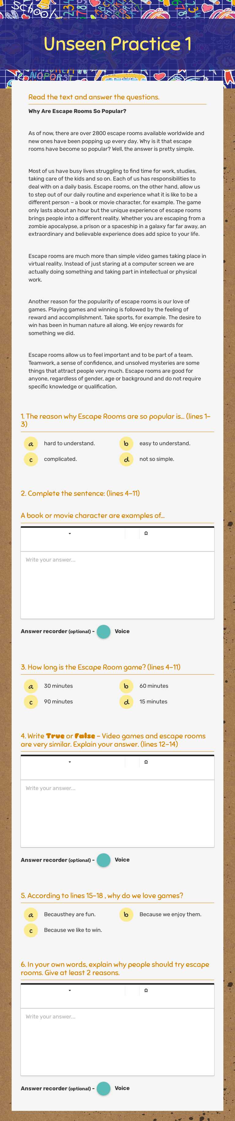 Unseen Practice 1 worksheet preview image