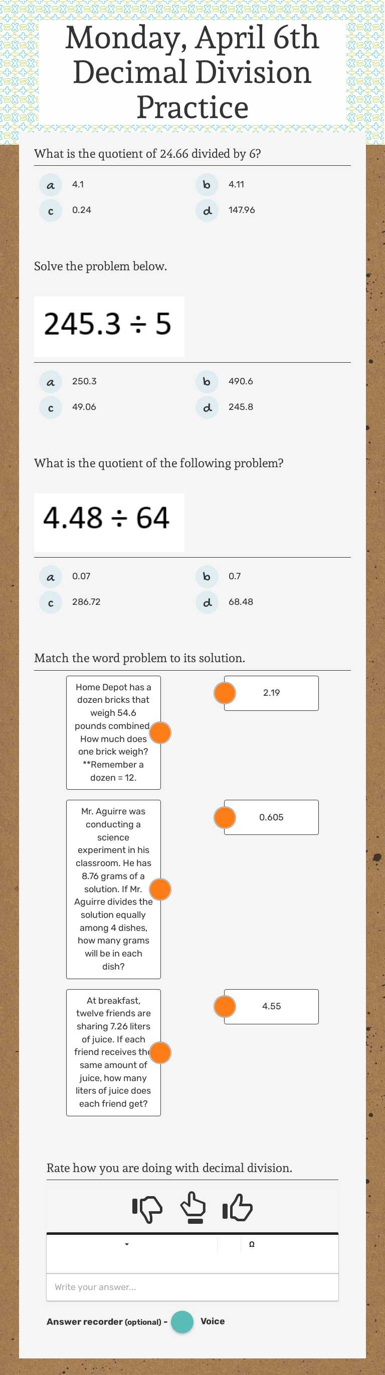 Monday, April 6th          Decimal Division Practice Grade 5 worksheet preview