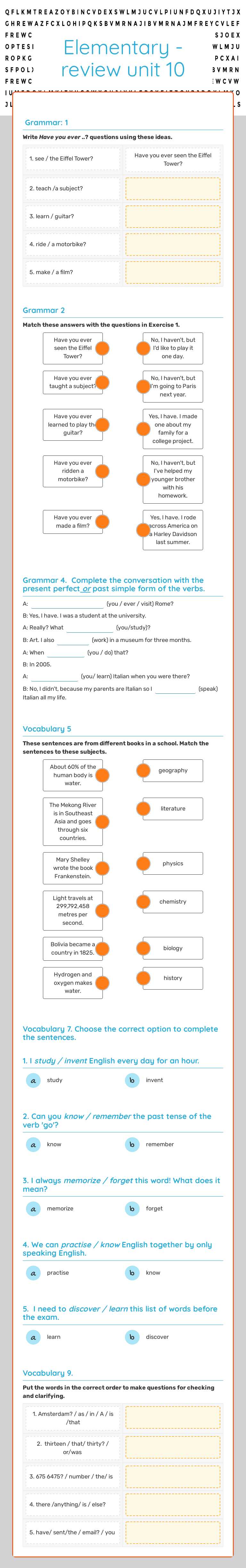 Elementary -review unit 10 worksheet preview image