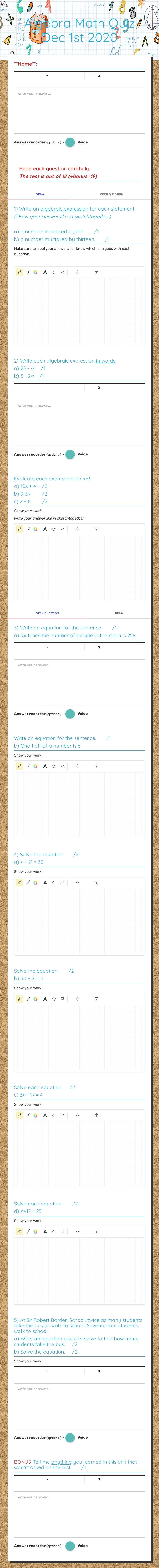Algebra Math Quiz Dec 1st 2020 Grade 7 worksheet preview