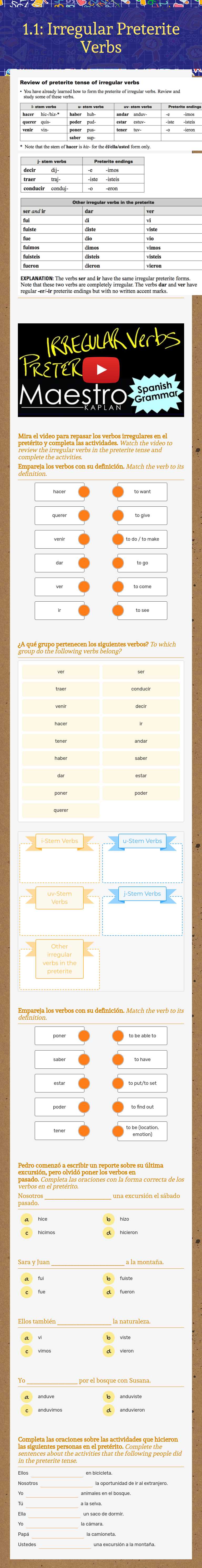 1.1: Irregular Preterite Verbs worksheet preview image