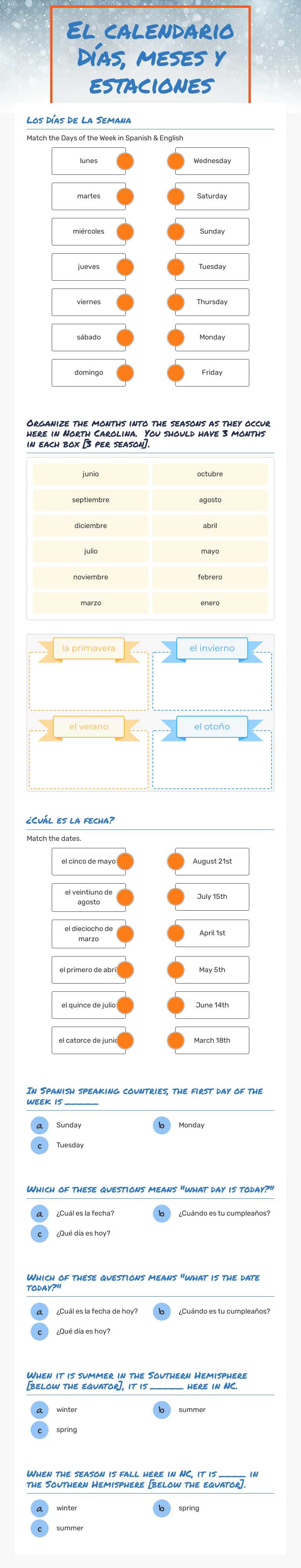 El calendario Días, meses y estaciones Grade 6 worksheet preview