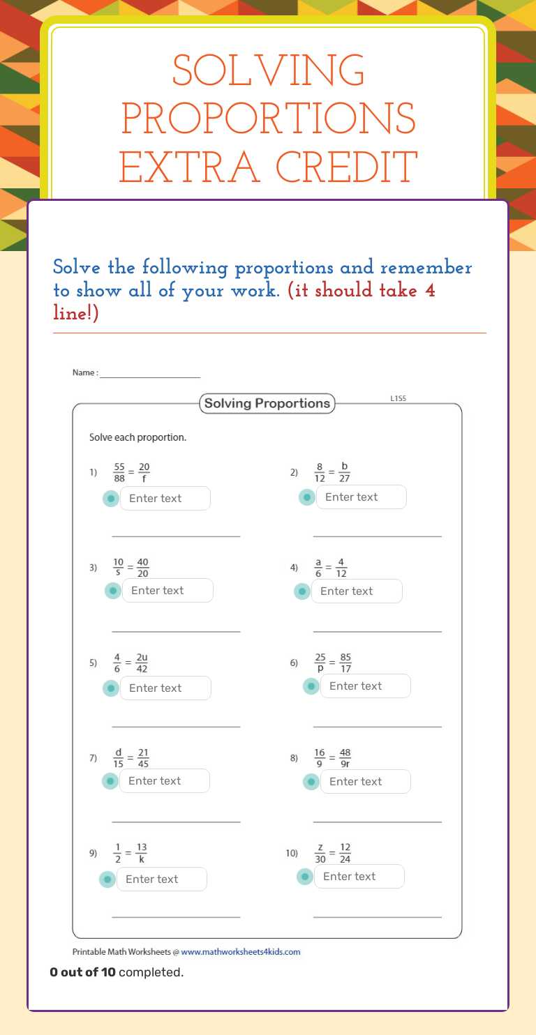 Solving Proportions Extra Credit worksheet preview image