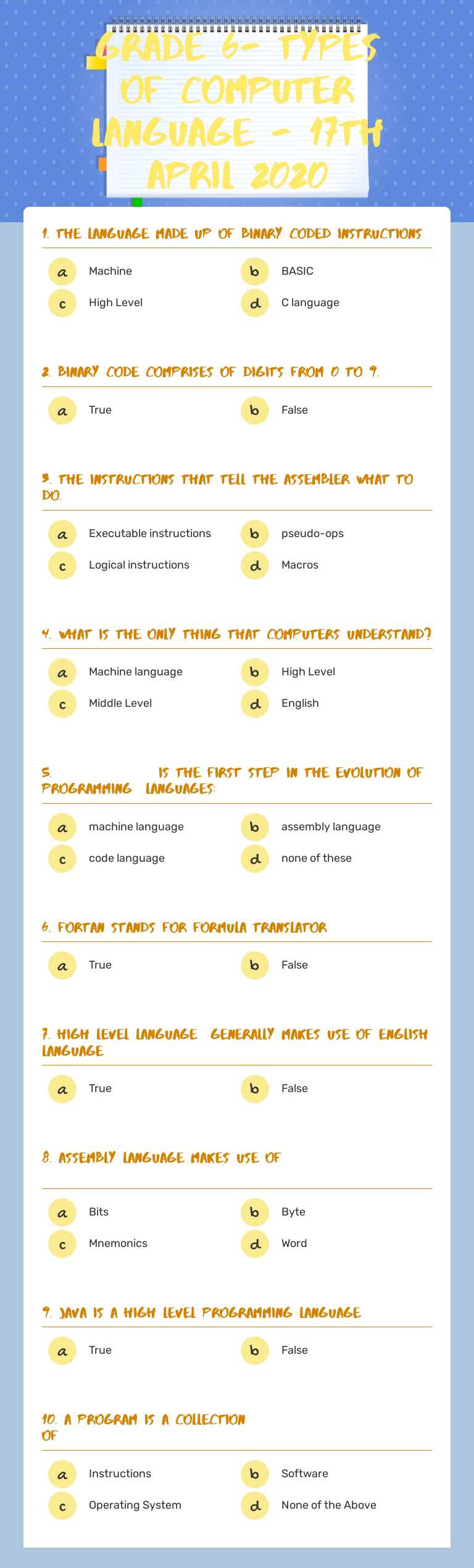 grade 6- types of computer language - 17th april 2020 worksheet preview image