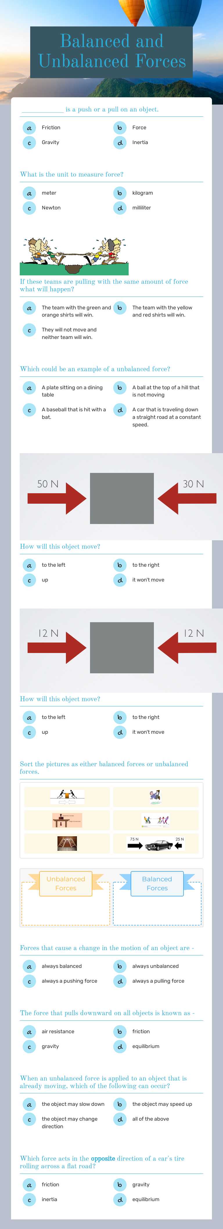 Balanced and Unbalanced Forces worksheet preview