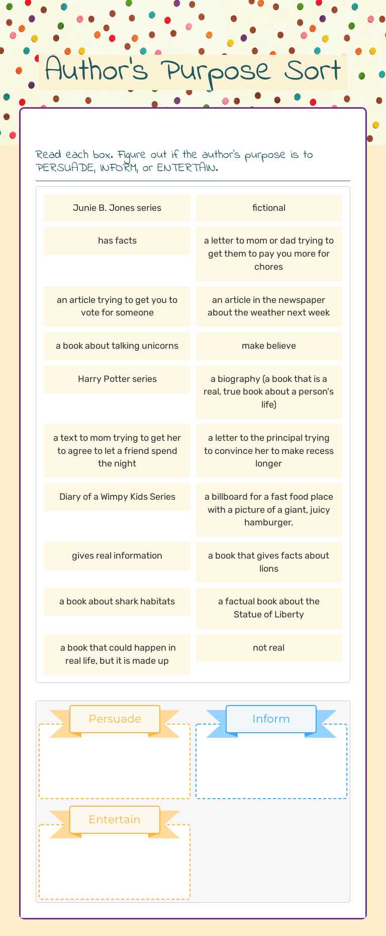 Author's Purpose Sort worksheet preview image