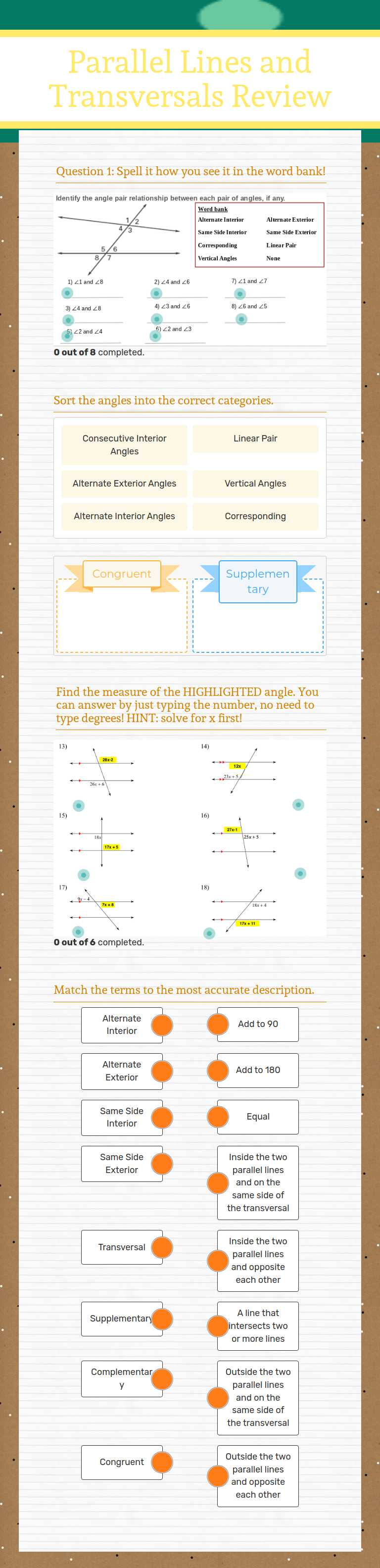 Parallel Lines and Transversals Review Grade 10 worksheet preview