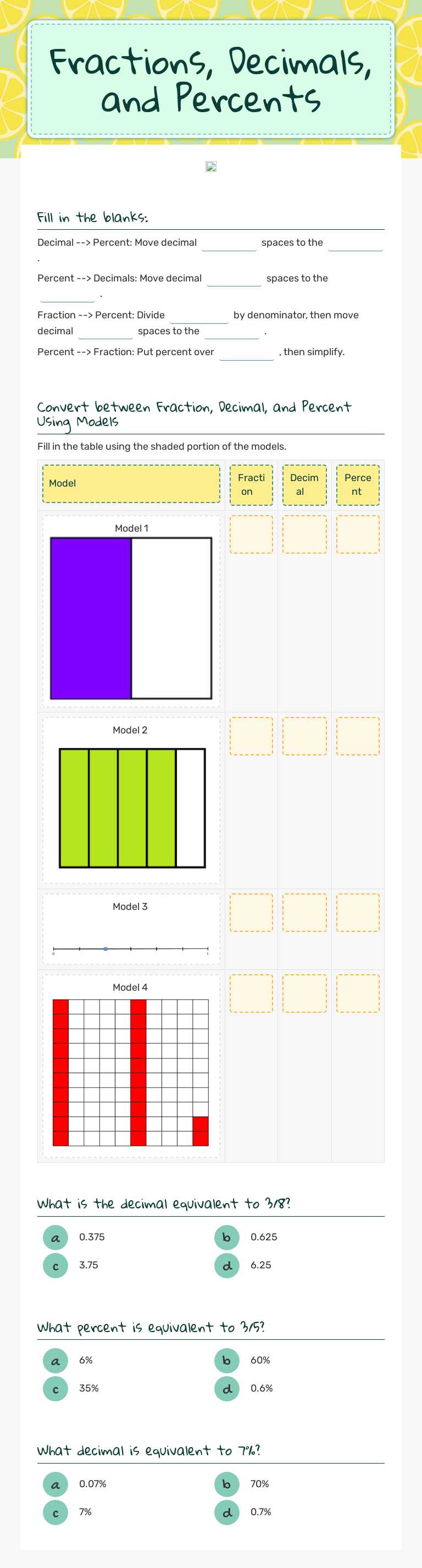 Fractions, Decimals, and Percents Grade 9 worksheet preview