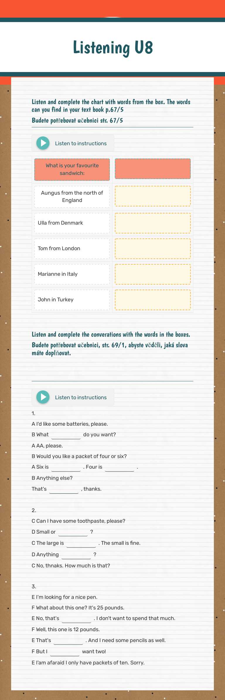 Listening U8 worksheet preview image