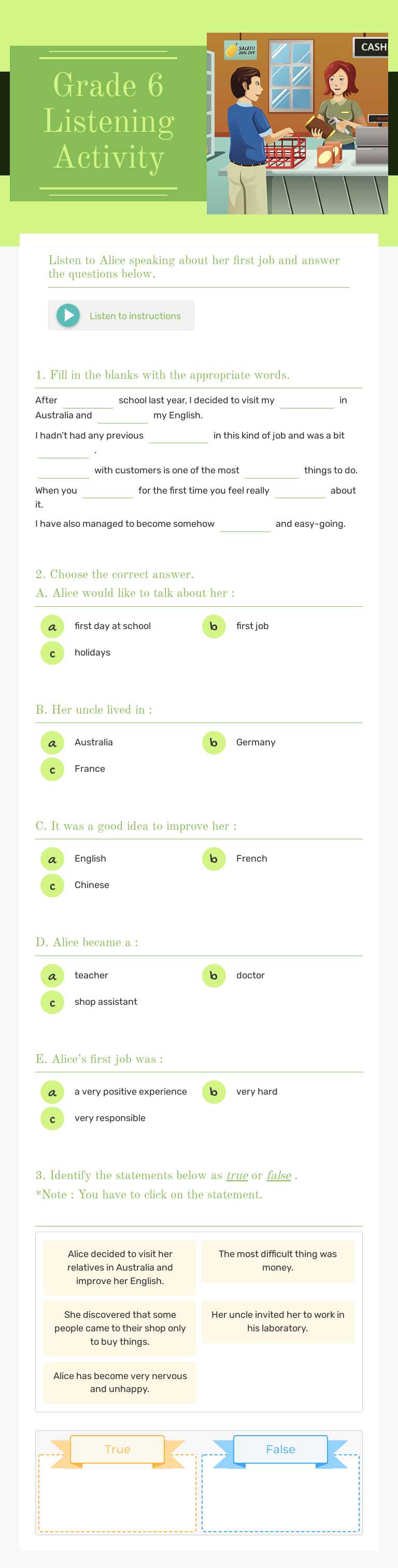 Grade 6 Listening Activity worksheet preview image