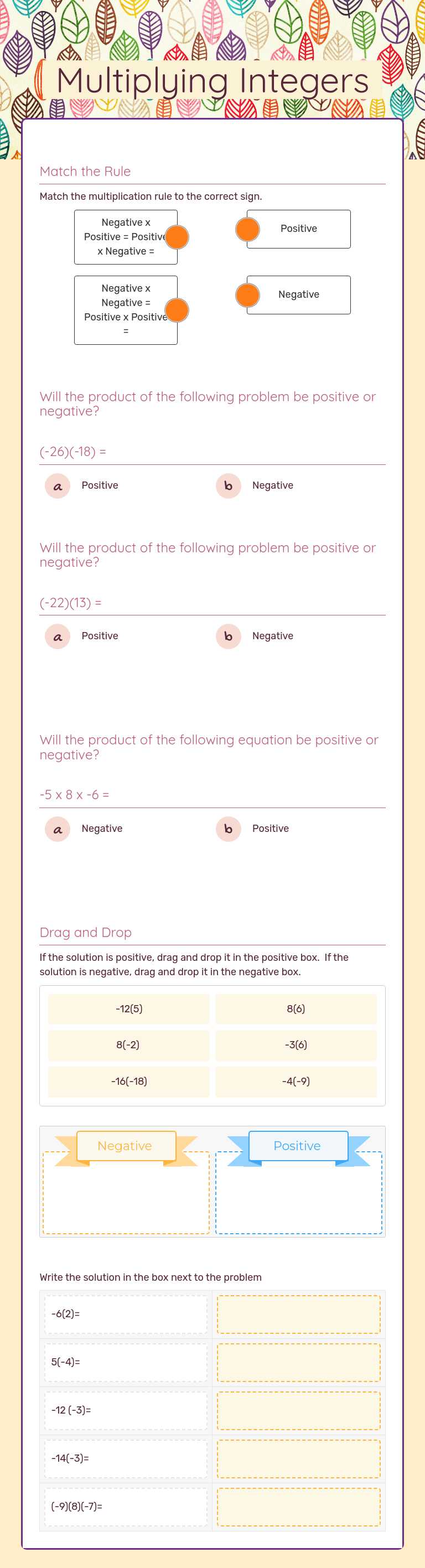 Multiplying Integers worksheet preview image