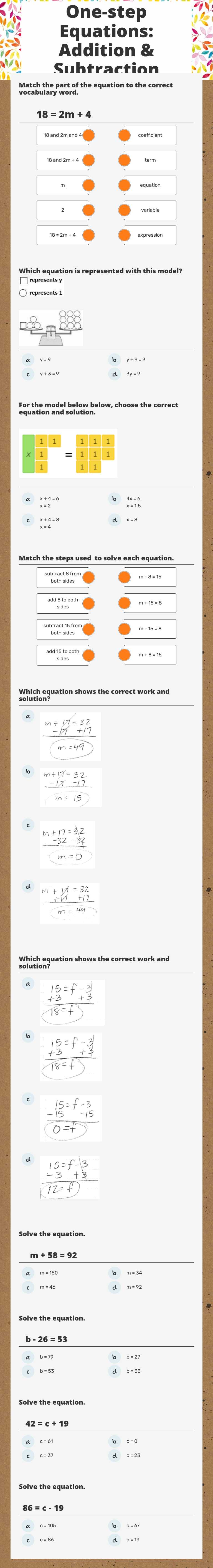 One-step Equations:  Addition & Subtraction worksheet preview image