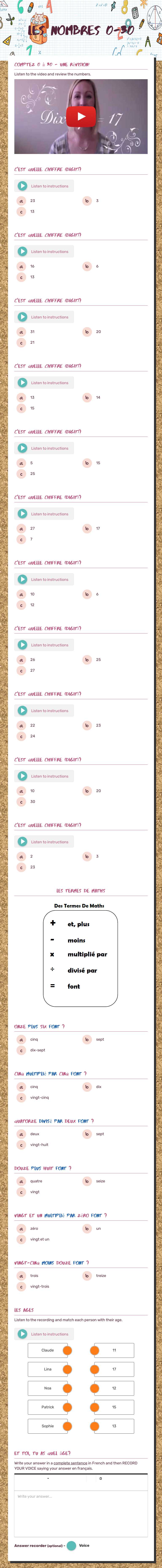 Les Nombres 
0-30 Grade 6 worksheet preview