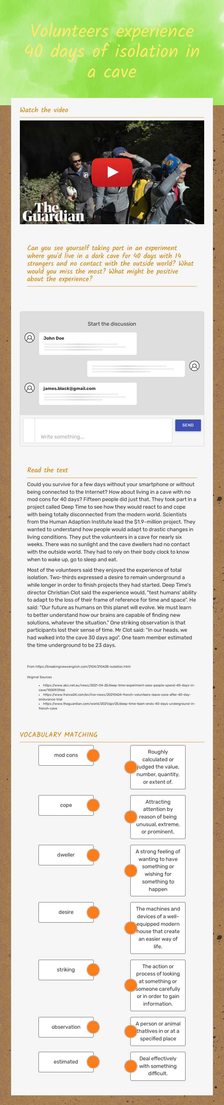 Volunteers experience 40 days of isolation in a cave worksheet preview image