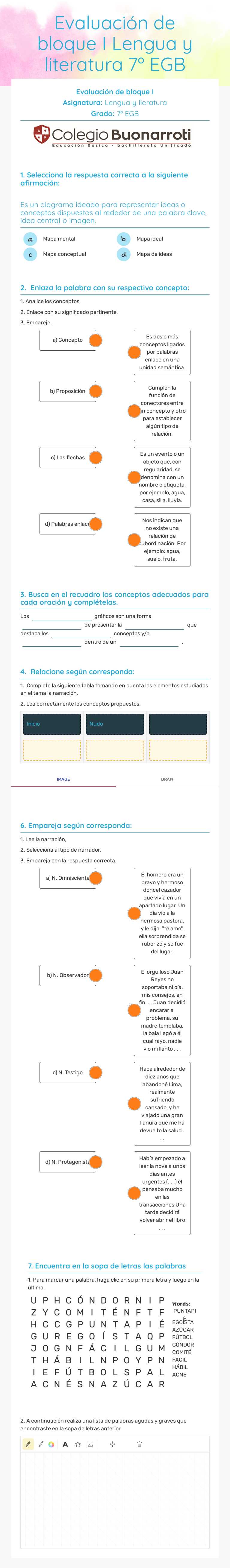 Evaluación de bloque I Lengua y literatura 7º EGB worksheet preview image