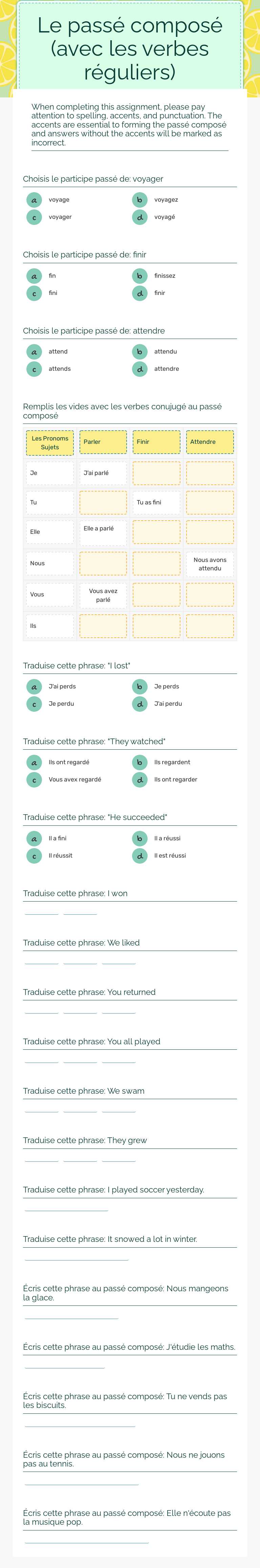 Le passé composé (avec les verbes réguliers) Grade 8 worksheet preview