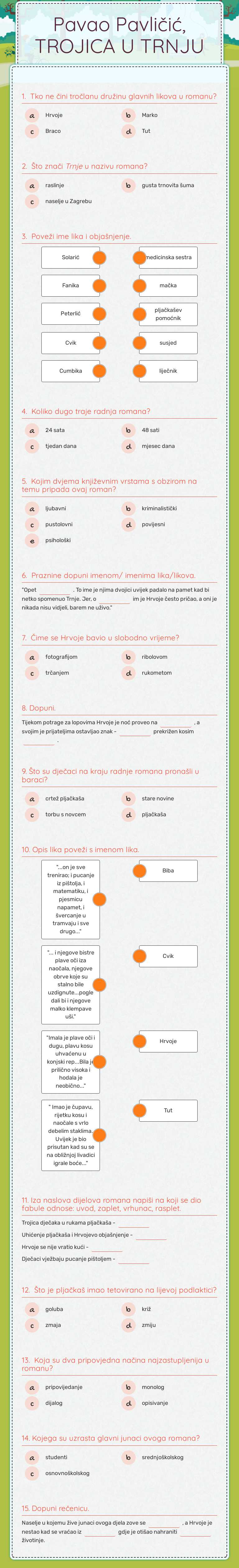 Pavao Pavličić, TROJICA U TRNJU Grade 6 worksheet preview