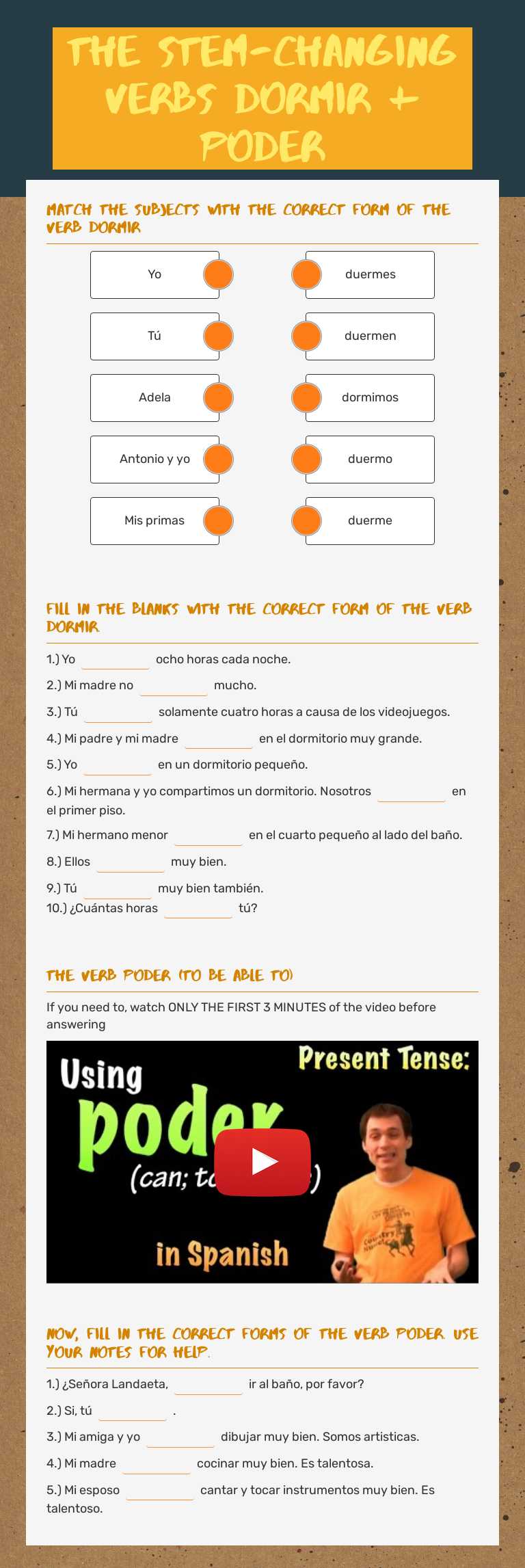 the stem-changing verbs 
dormir + poder Grade 8 worksheet preview