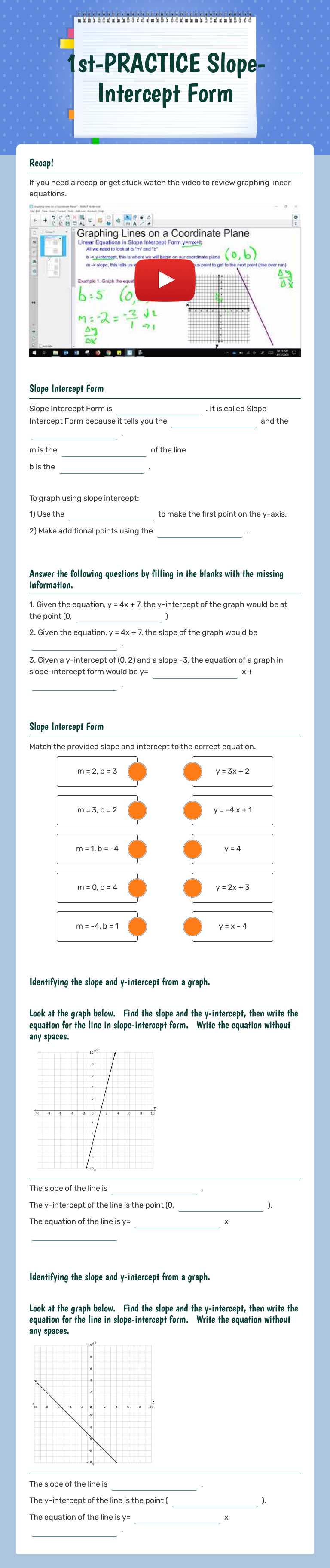1st-PRACTICE Slope-Intercept Form Grade 9 worksheet preview