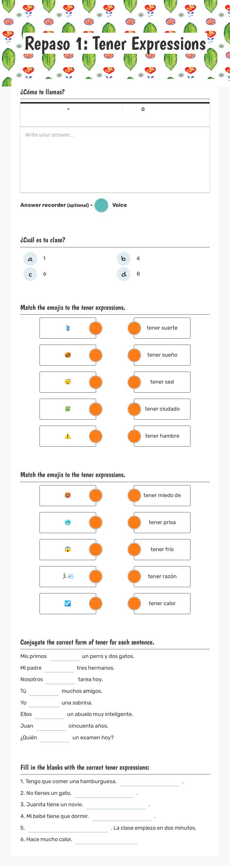 Repaso 1: Tener Expressions worksheet preview image