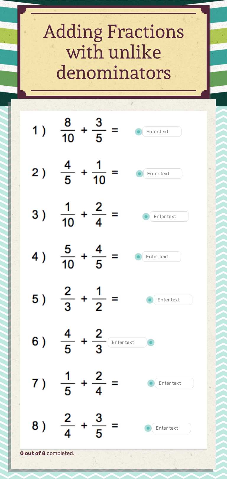 Adding Fractions with unlike denominators worksheet preview image