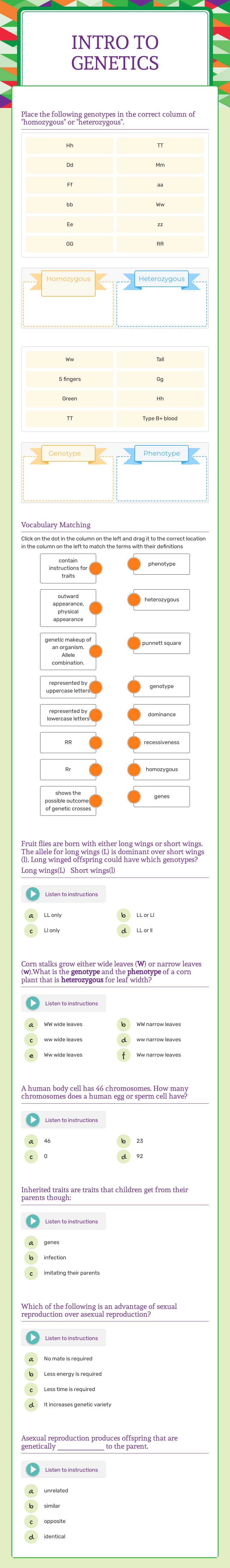intro to Genetics Grade 9 worksheet preview