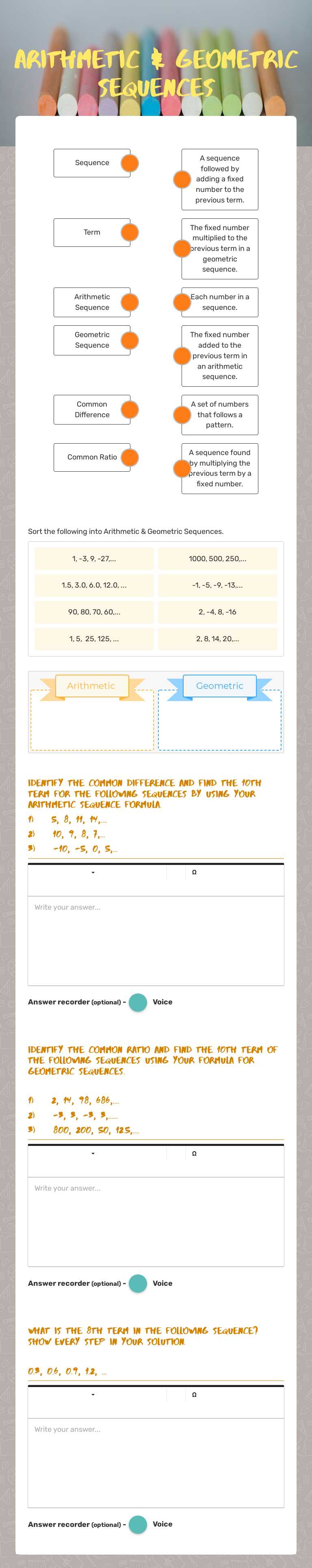 Arithmetic & Geometric Sequences worksheet preview image