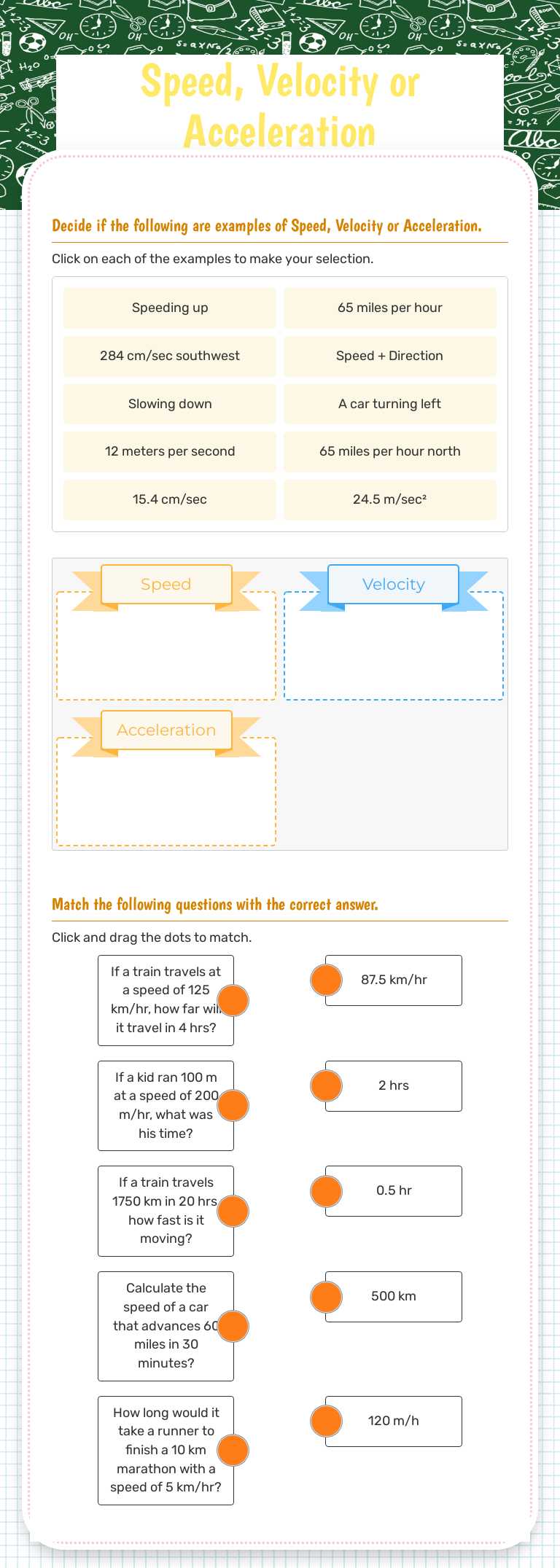 Speed, Velocity or Acceleration worksheet preview image